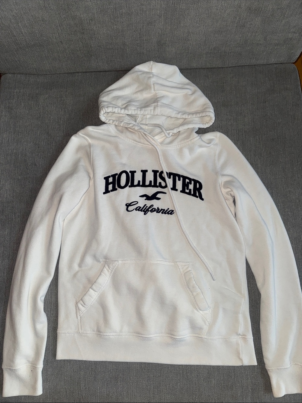 Hollister White Hoodie with Navy Logo - Women Pullover Sweatshirt